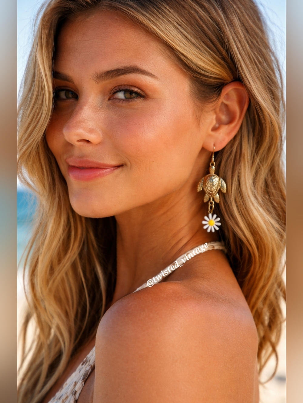 Handmade Golden Sea Turtle Daisy Flower Earrings, Ocean Beach Summer Vibes